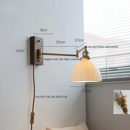 Adjustable brass wall light with ribbed off-white scalloped glass shade and copper arm for bedroom reading decorbites ceramic led