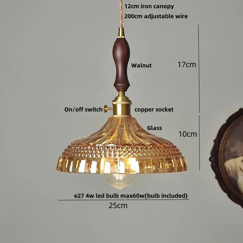 Modern scalloped glass flower led pendant light with amber-tinted glass shade and walnut wooden handle for dining room