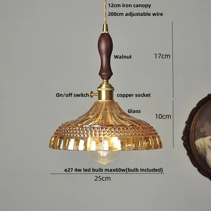 Modern scalloped glass flower led pendant light with amber-tinted glass shade and walnut wooden handle for dining room