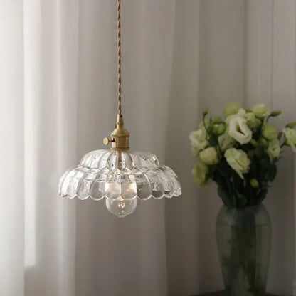 Modern scalloped glass flower led pendant light with clear glass and brass finish for dining room illumination
