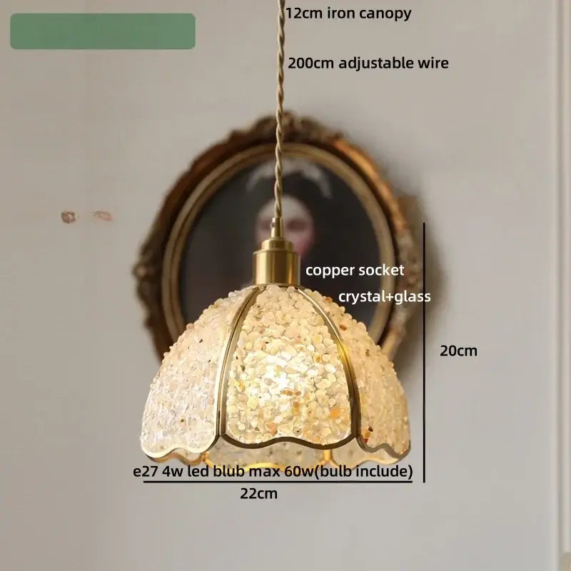 Modern scalloped seashell glass led pendant light with decorbites crystal glass shade and golden copper socket for dining room