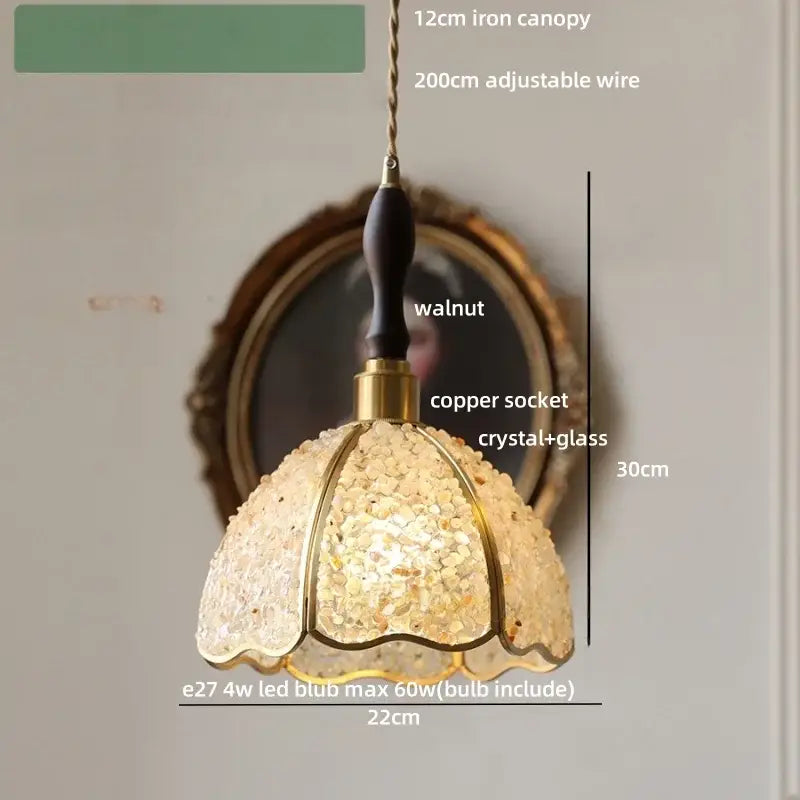 Modern scalloped seashell glass led pendant light with gold-toned crystal glass led shade and walnut iron canopy for dining room decorbites crystal glass