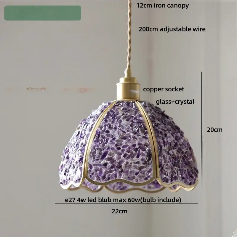 Modern scalloped seashell glass led pendant light in purple crystal glass led with gold-toned metal frame for dining room decorbites crystal glass