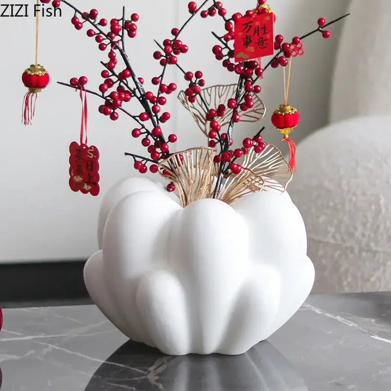 White ceramic creative petal vase with scalloped shell-like design for modern living room decor