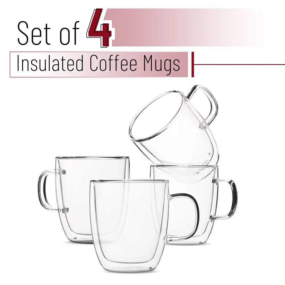 Modern set of 4 clear double wall glass coffee cups with sturdy handles for insulated kitchen use
