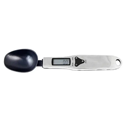 Modern silver and black digital kitchen spoon scale with lcd display and control buttons by decorbites digital kitchen