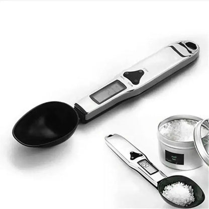 Modern silver and black digital kitchen spoon scale with lcd display silver metallic handle and black plastic bowl decorbites digital kitchen