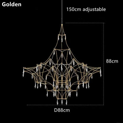 Modern silver and golden lustre crystal chandelier featuring intricate metal framework and dangling crystal droplets