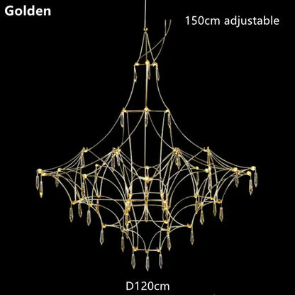 Modern silver and golden lustre crystal chandelier with geometric design and crystal droplets by decorbites for living room decor