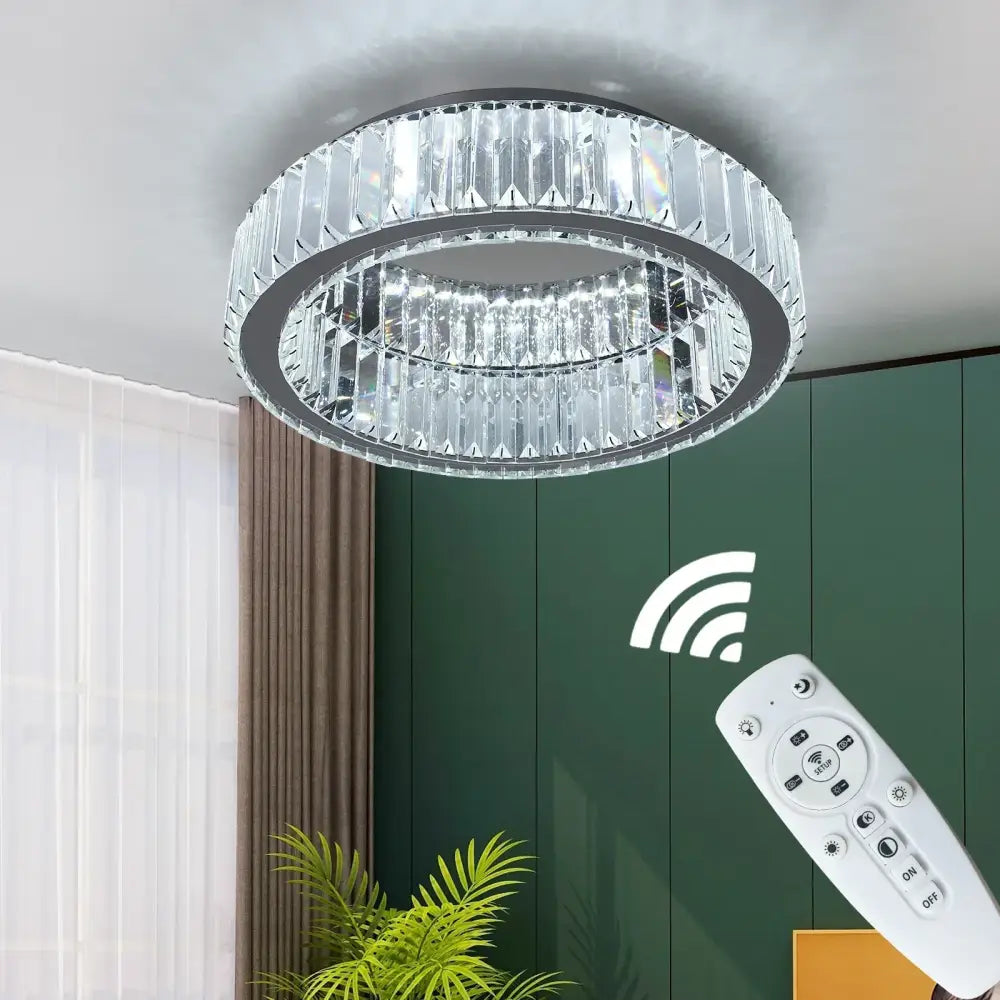 Modern silver big crystal led ceiling lamp with two concentric crystal led circles and white remote control for living room