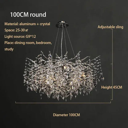 A 100cm round modern silver and black crystal chrome chandelier with shimmering aluminum leaf design for living room lighting