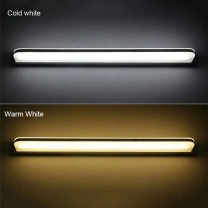 Modern silver and black led vanity light with rectangular frame and frosted glass diffuser in cold or warm white lighting