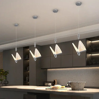 Modern silver butterfly led pendant light with metallic frames and translucent illuminated wings for living room decorbites butterfly led