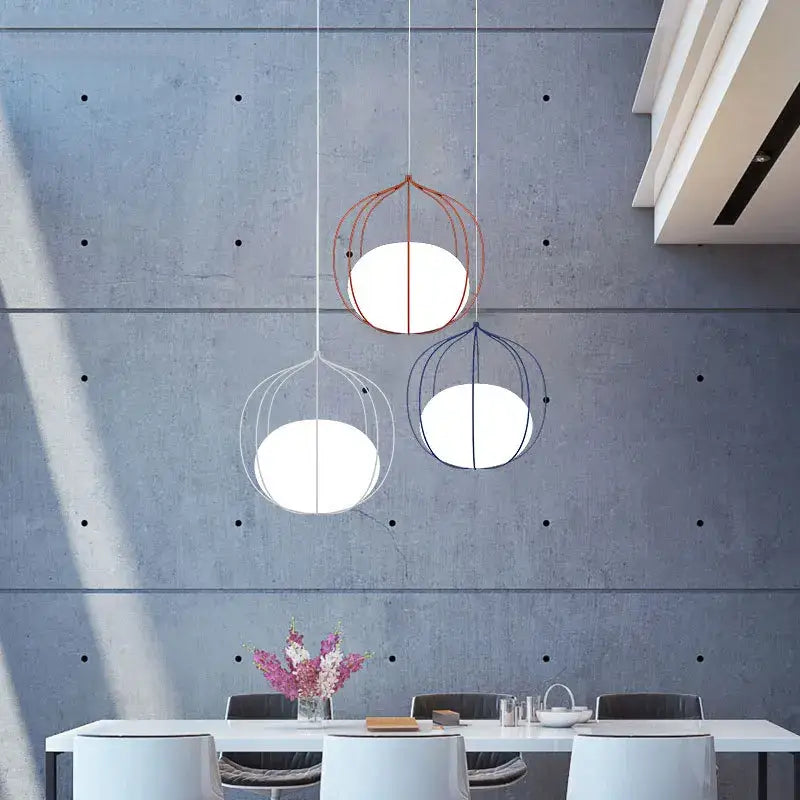 Modern silver and copper decorbites birdcage pendant light with white glass globes for dining room lighting