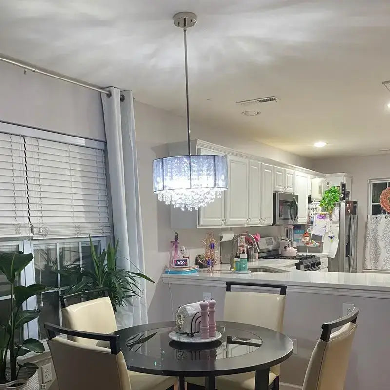 Modern silver crystal fabric pendant lamp with cylindrical translucent blue glass shade and dangling crystals for bedroom decorbites crystal fabric pendant