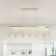 Modern silver crystal island pendant dining room chandelier with sleek frame and cascading clear crystal beads 110-120v