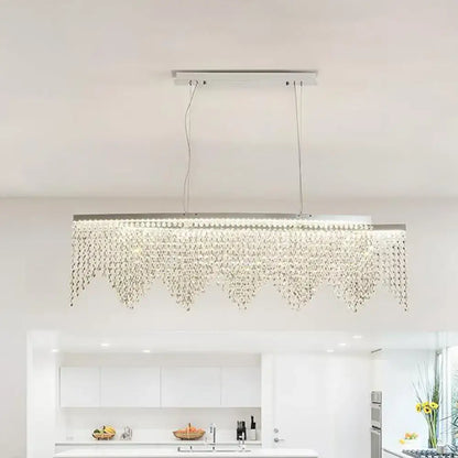 Modern silver crystal island pendant dining room chandelier with sleek frame and cascading clear crystal beads 110-120v