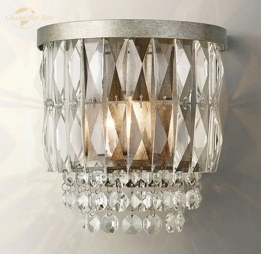 Modern silver crystal led wall sconce with faceted and dangling crystals for elegant living room decorbites crystal led wall