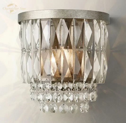 Modern silver crystal led wall sconce with faceted and dangling crystals for elegant living room decorbites crystal led wall