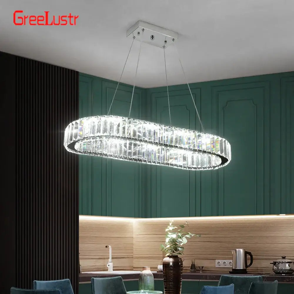 Modern silver led chandelier with crystal oval design and sleek chrome finish for living room by greelustr decorbites crystal oval