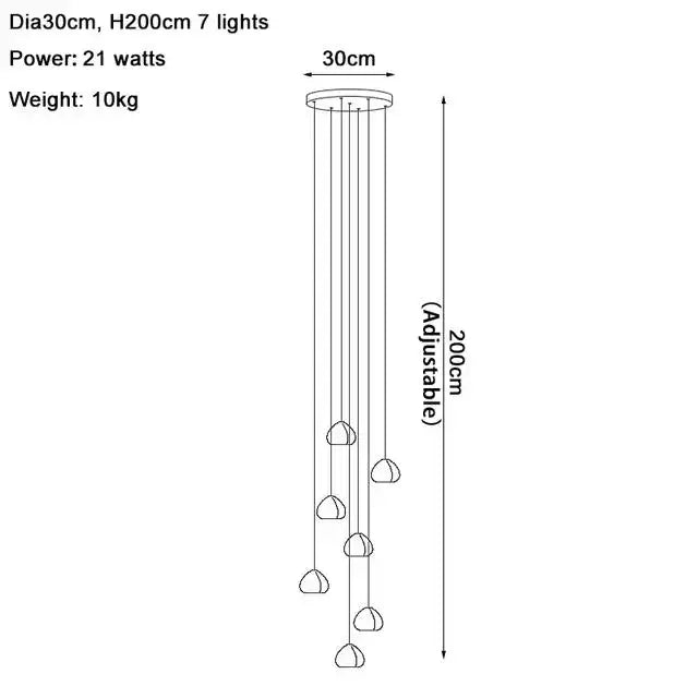 Modern silver crystal pendant light with seven glass bubble shades and cord pendant installation for dining room