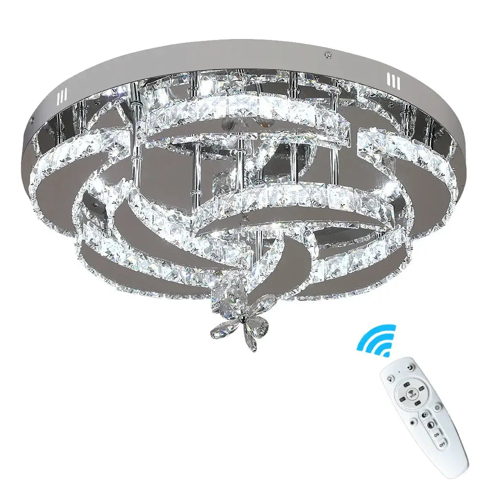 Modern silver crystal raindrop led chandelier ceiling light with chrome concentric rings and crystal raindrop flowers decorbites