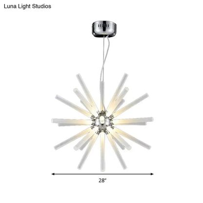 DecorBites modern crystal LED starburst chandelier pendant light with chrome metal arms and clear hanging ceiling rods