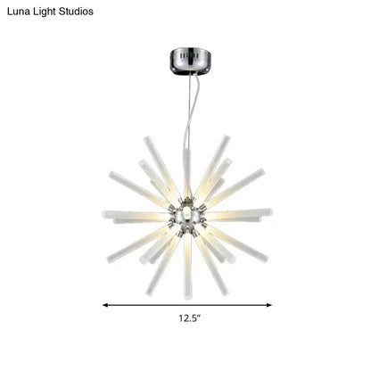 Modern chrome-finished decorbites starburst chandelier pendant with translucent white glass rods for clear hanging ceiling use