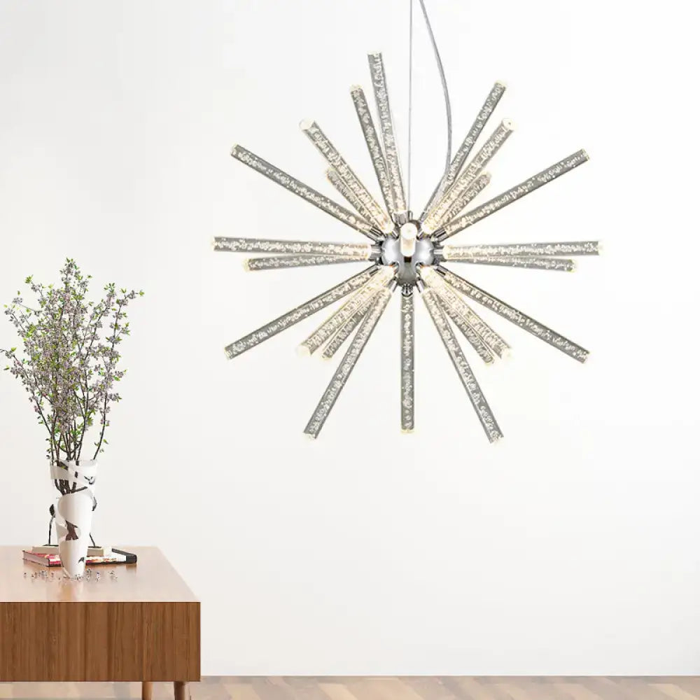 DecorBites™ modern crystal silver starburst chandelier pendant with clear textured glass rods and chrome fixture clear hanging ceiling light