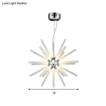 Modern chrome-finished decorbites starburst chandelier pendant with translucent white glass arms and clear hanging ceiling design