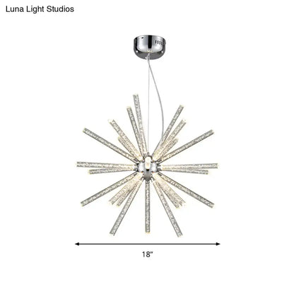 DecorBites modern crystal starburst chandelier pendant with chrome finish and clear hanging ceiling fixture arms