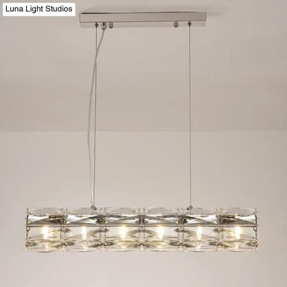 Modern silver crystal tube island light pendant with sleek chrome finish and clear crystal accents for dining room chandelier
