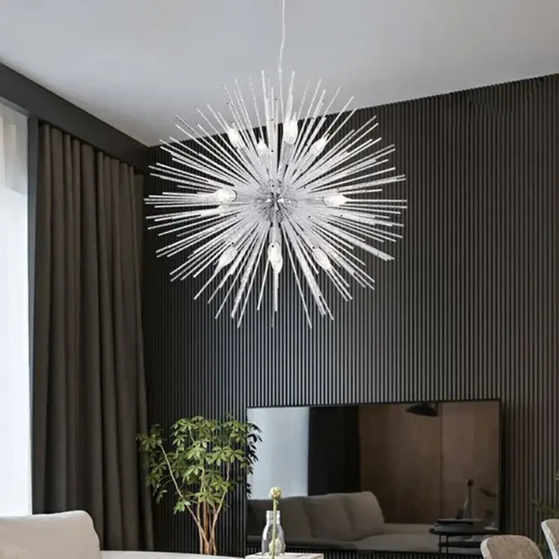 Modern silver dandelion sea urchin chandelier with metallic finish and slender arms for dining room decorbites dandelion sea