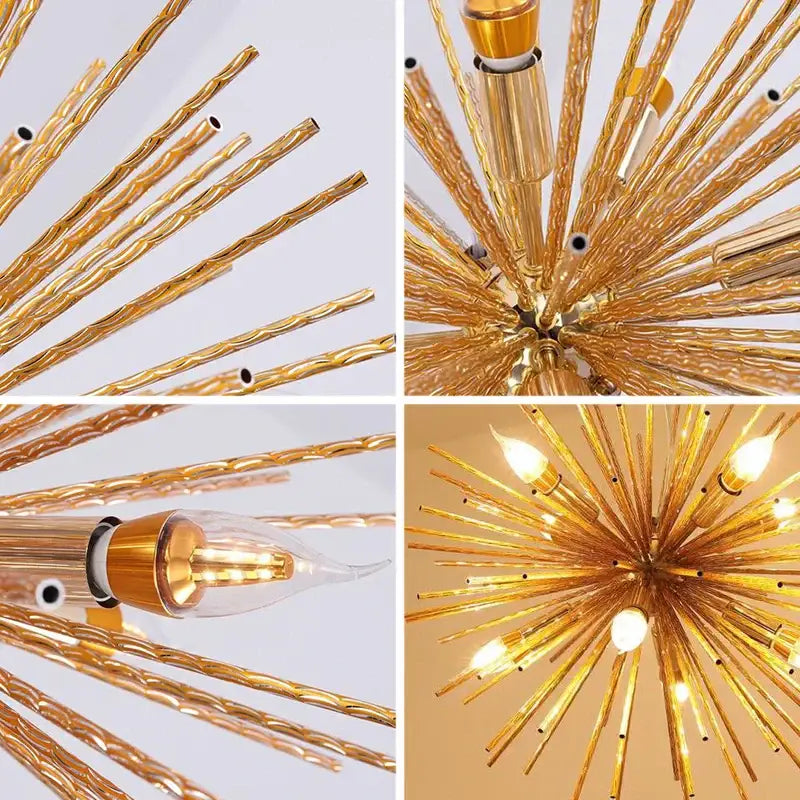 Modern silver dandelion sea urchin chandelier featuring a golden twisted glass starburst design with multiple led bulbs