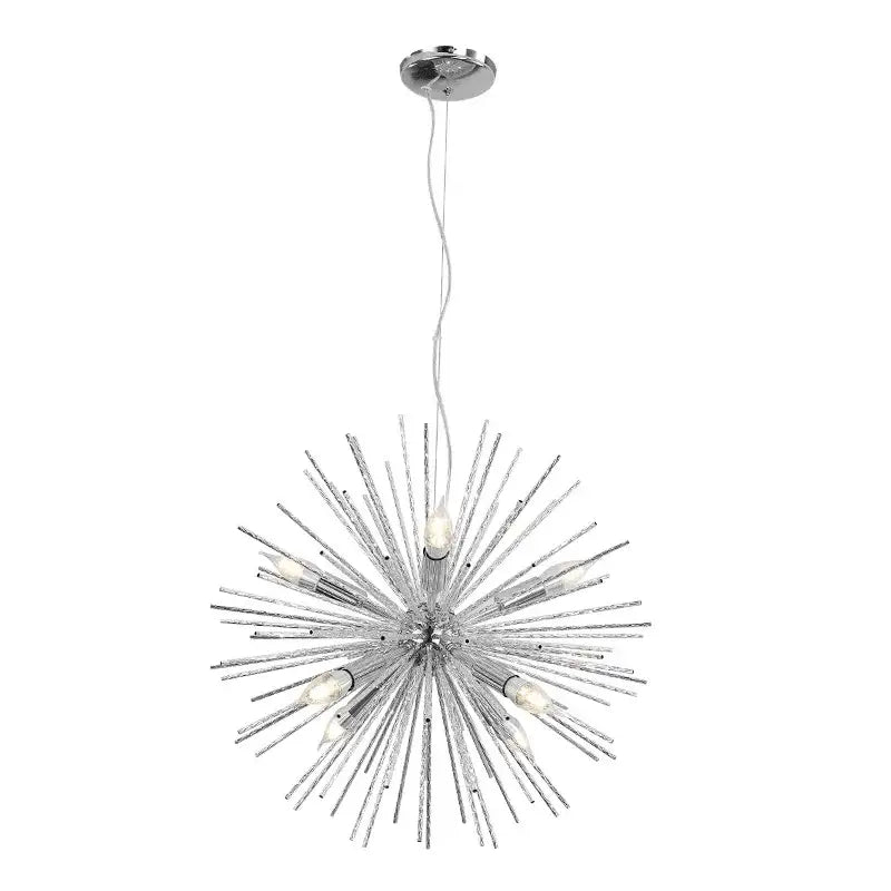 Modern silver dandelion sea urchin chandelier with chrome finish frosted glass bulbs and textured metallic rods for dining room decorbites dandelion sea