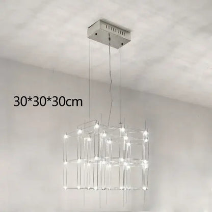 Modern silver decorbites cosmos chandelier with sleek chrome finish and crystal rods forming an illuminated cube for dining room