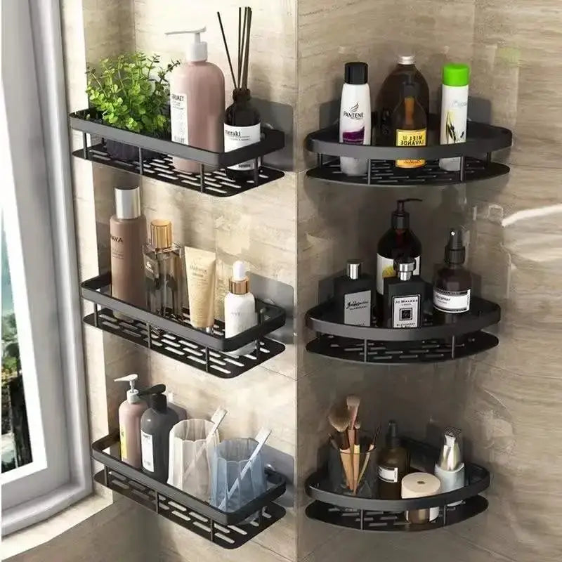 Modern silver double tiered metal corner shower shelf with grid pattern for bathroom storage decorbites corner shower