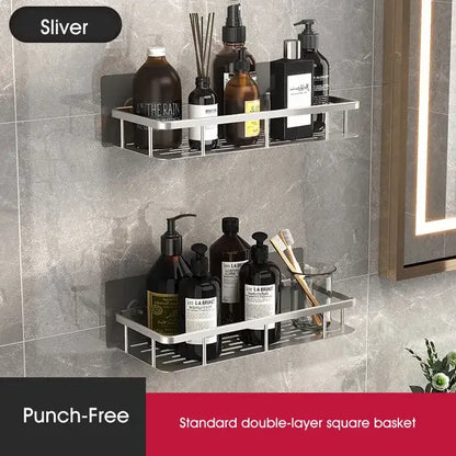 Modern silver double tiered corner shower shelf with perforated metal mesh by decorbites corner shower for bathroom storage