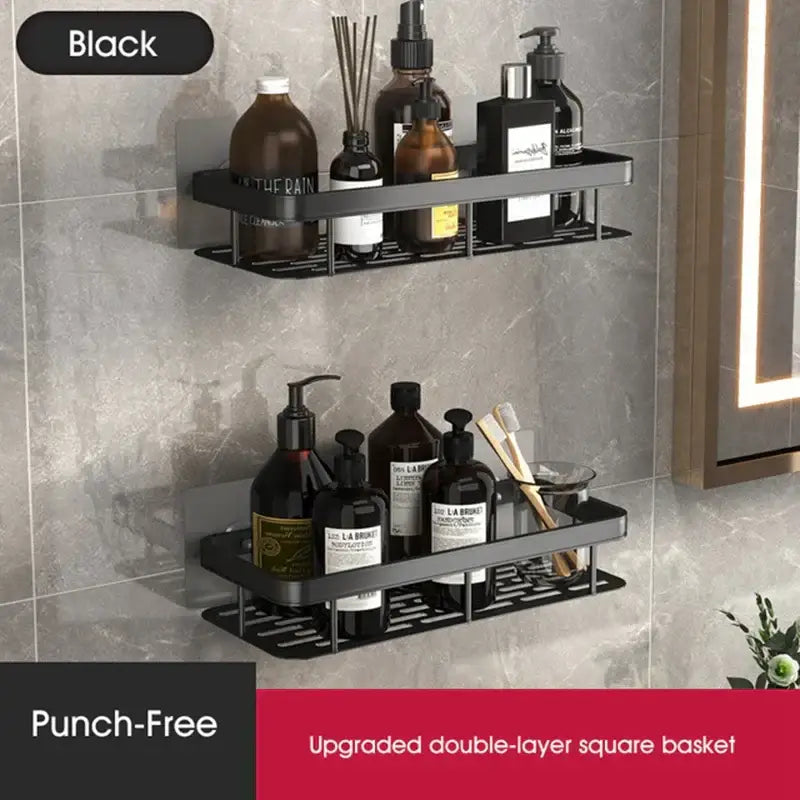 Black double-layer square wall-mounted shelf with modern minimalist design for decorbites corner shower shelf storage caddy
