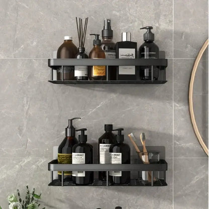 Black metal modern silver double tiered decorbites corner shower shelf for bathroom storage and organization