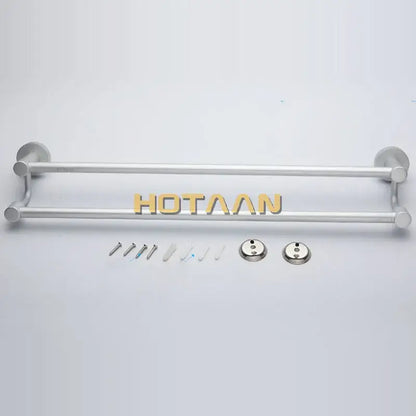 Modern silver double towel bar bathroom rack with sleek polished metal finish and matching mounting hardware