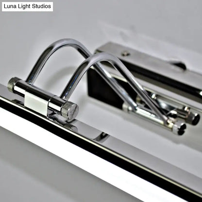 Modern silver finish linear wall mount led vanity lamp with chrome-finished metal track lighting and adjustable curved arms