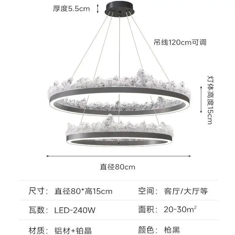 Modern black double-ring led chandelier pendant light with crystal accents and adjustable chain by decorbites iceberg