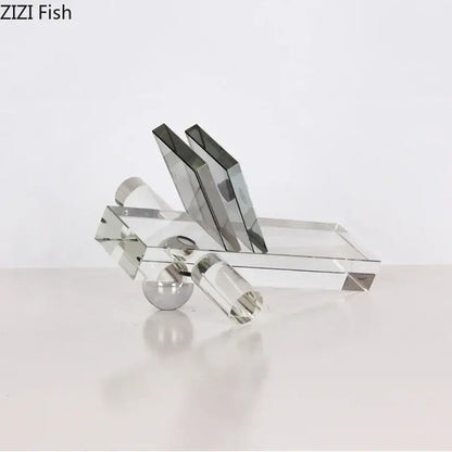 Modern silver geometric crystal ball desk ornament made of clear acrylic with mirrored silver accents for desk decor