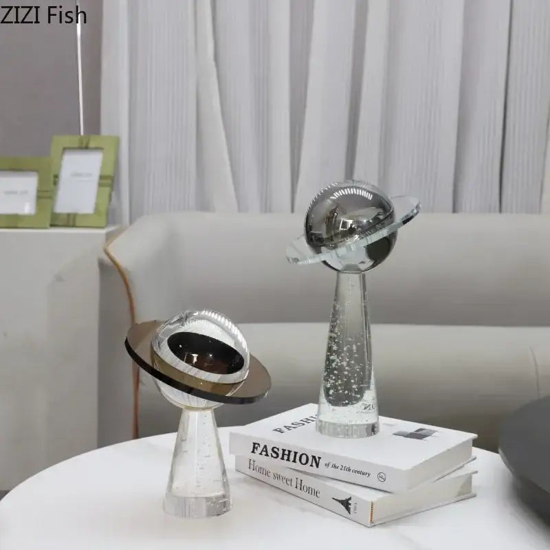 Modern silver geometric crystal star desk sculpture with clear glass planets and reflective metallic rings for decorbites decor