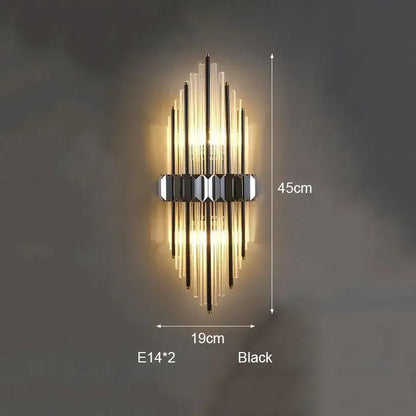 Modern silver geometric crystal strip led wall lamp with black vertical glass rods and central geometric accent for bedroom decorbites crystal strip