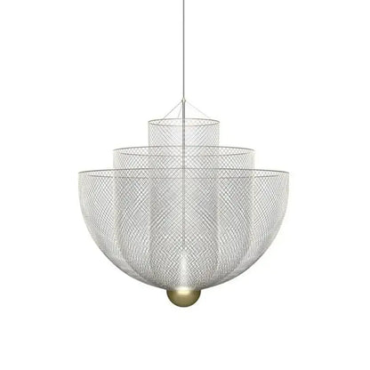 Modern silver geometric iron chandelier with tiered mesh layers and brass spherical base for dining room decorbites geometric iron