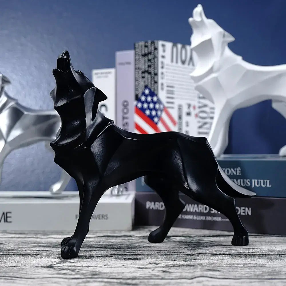 Black matte-finished decorbites geometric wolf statue with angular stylized design for modern office decor