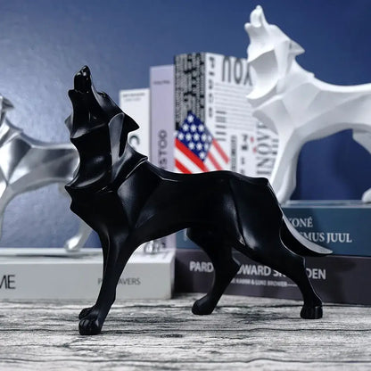 Black matte-finished decorbites geometric wolf statue with angular stylized design for modern office decor
