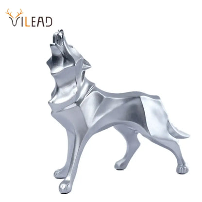 Silver metallic geometric wolf statue with angular design modern decorbites geometric wolf office decor